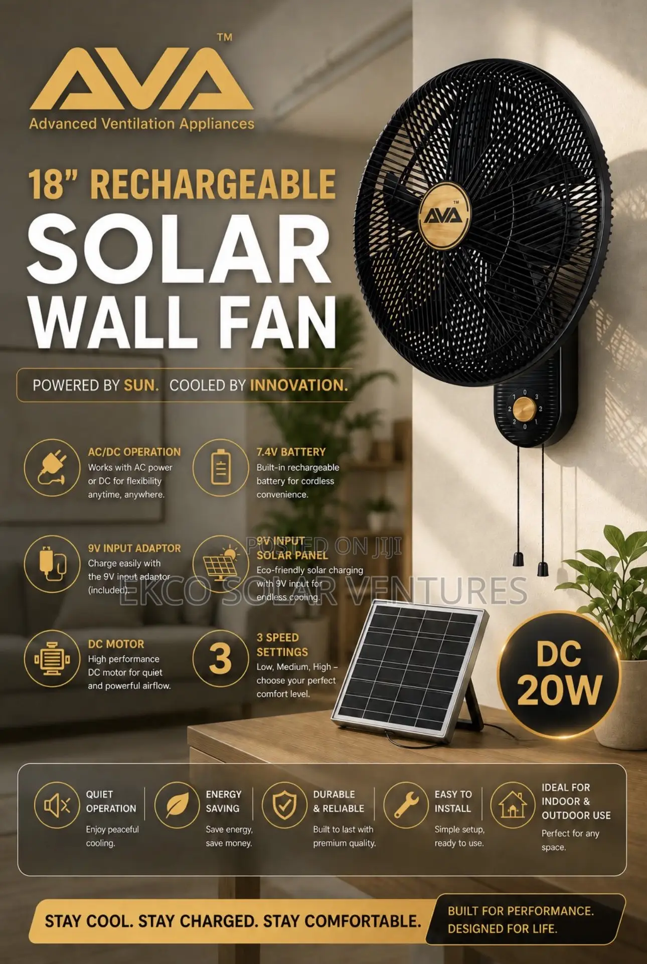 Ava 18" Rechargeable Solar Wall Fan