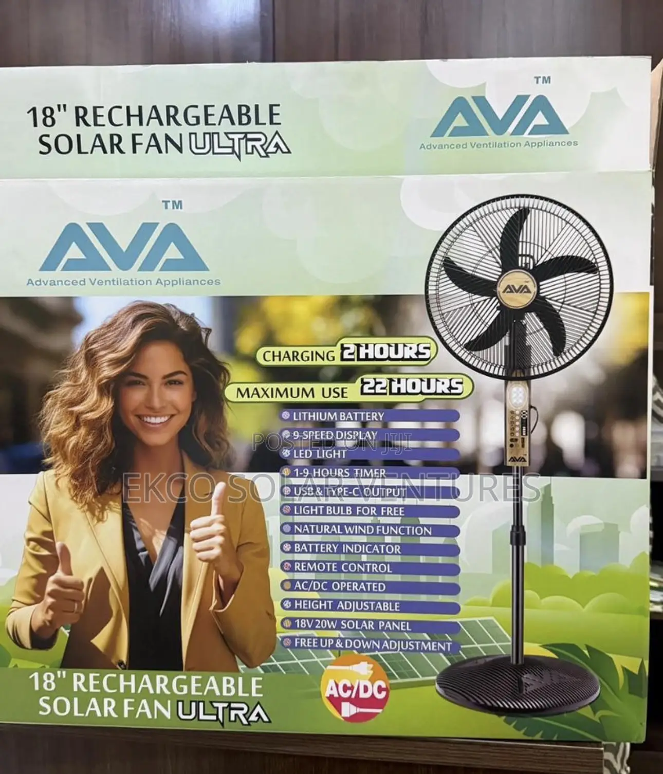 Ava 18-Inch Rechargeable Solar Fan