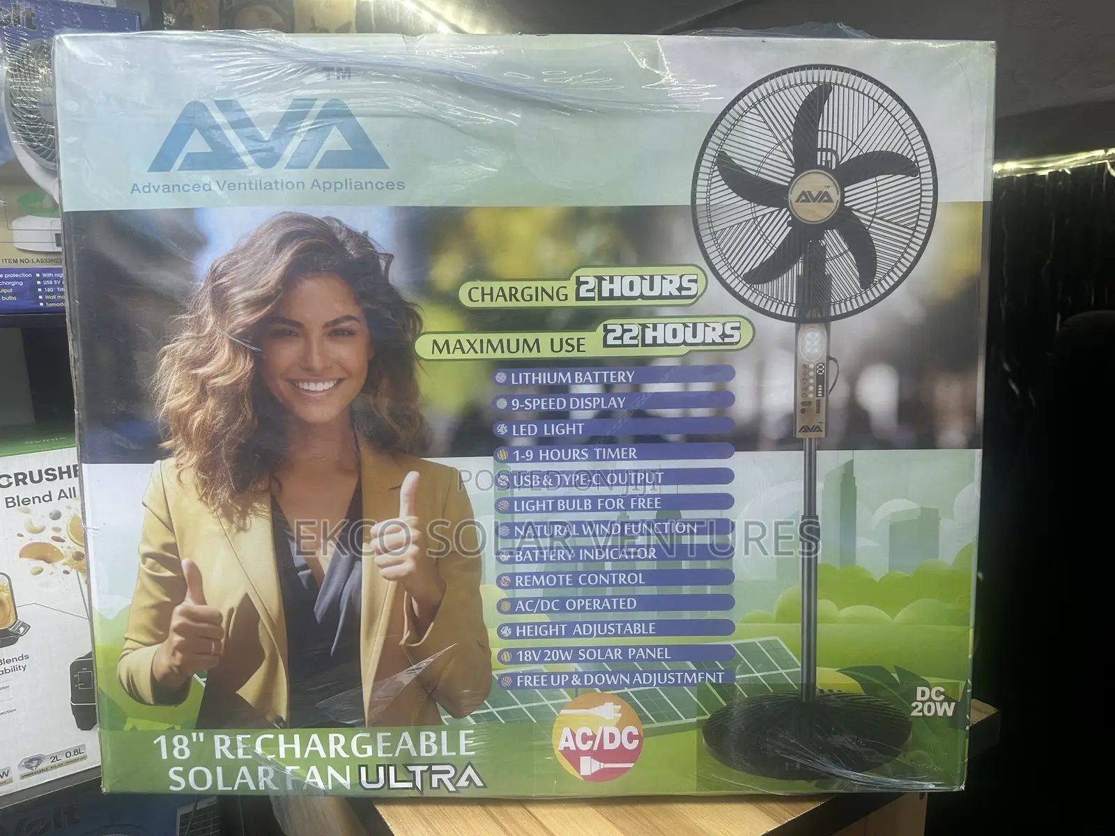 Ava 18-Inch Rechargeable Solar Fan