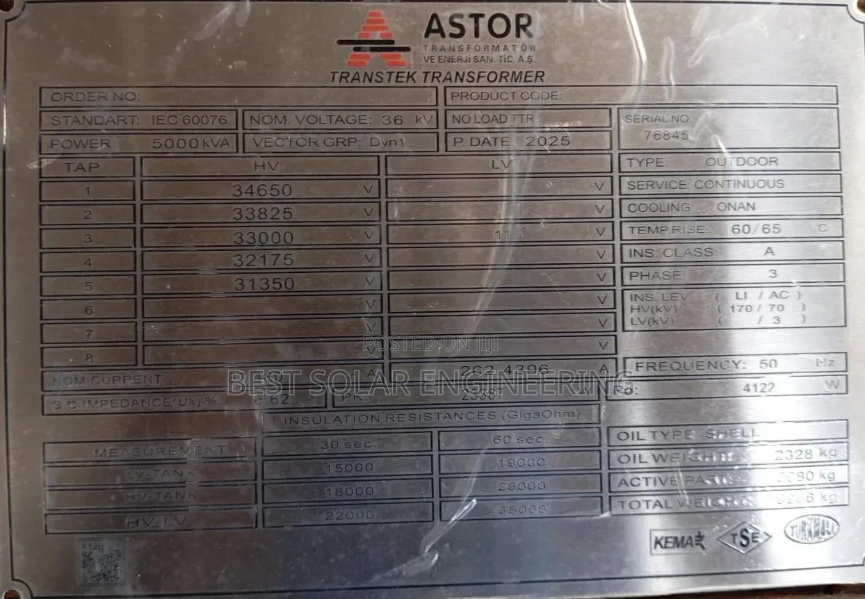 5mva 33/11kv or 5000kva 33/11kv Astor Transformer