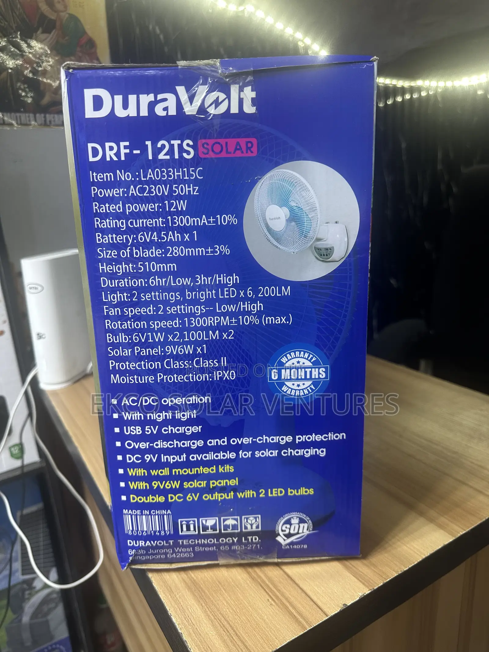 Duravolt 12” Rechargeable Table/Wall Fan With Solar Panel and Led Bulb