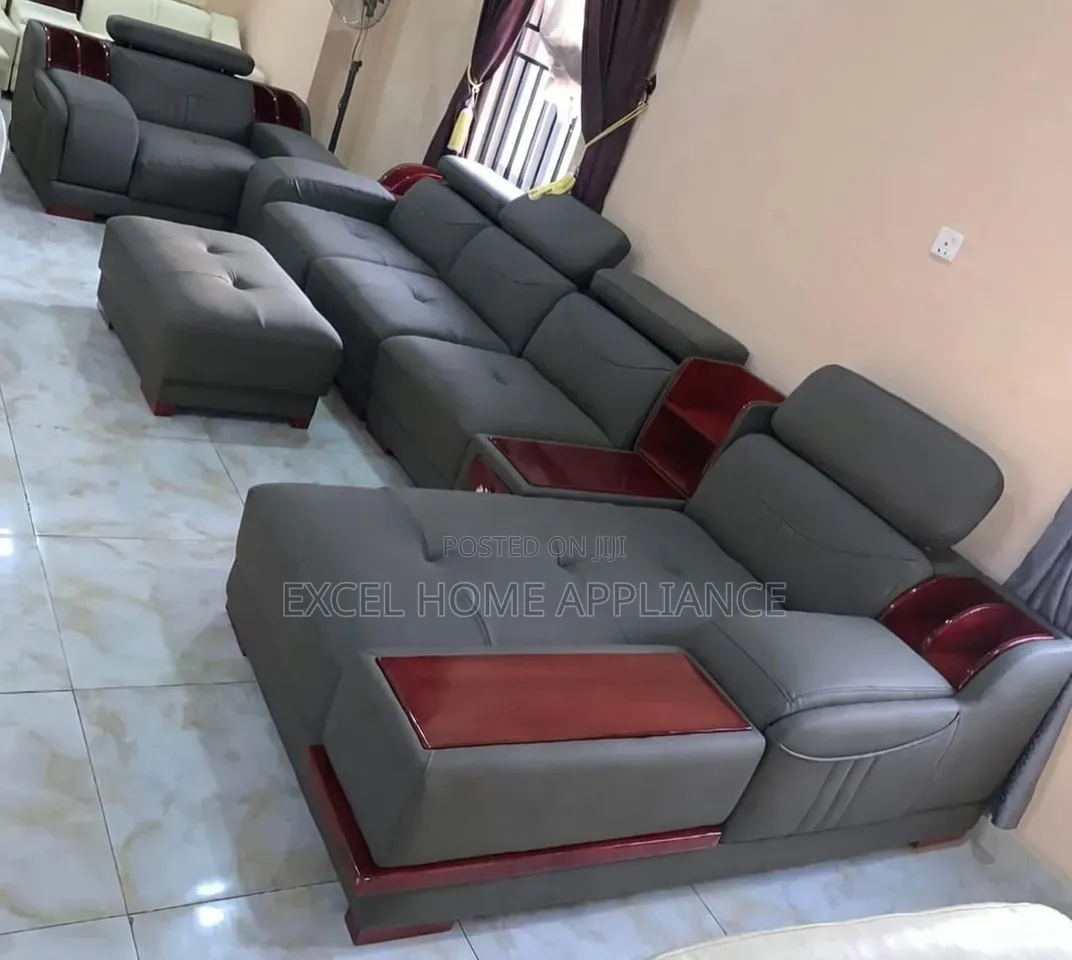 Modern Luxury Grey Leather Sofa Set With Wooden Accents