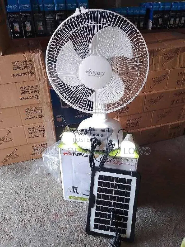 12 Inches Table Rechargeable Fan With Solar Panel 2 Bulb