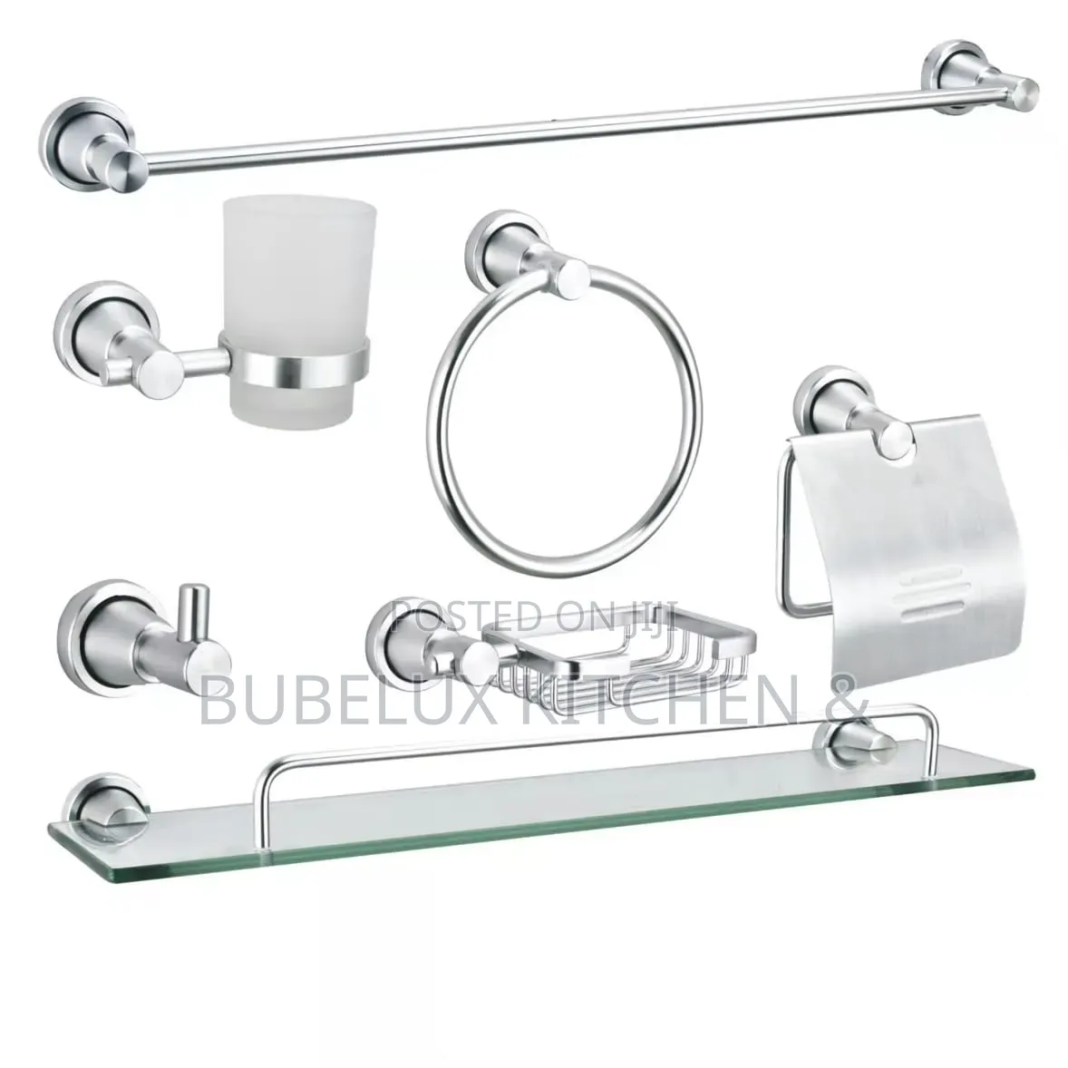 7pcs Chrome Bathroom Set - Towel Bar + Glass Shelf + Accessories |