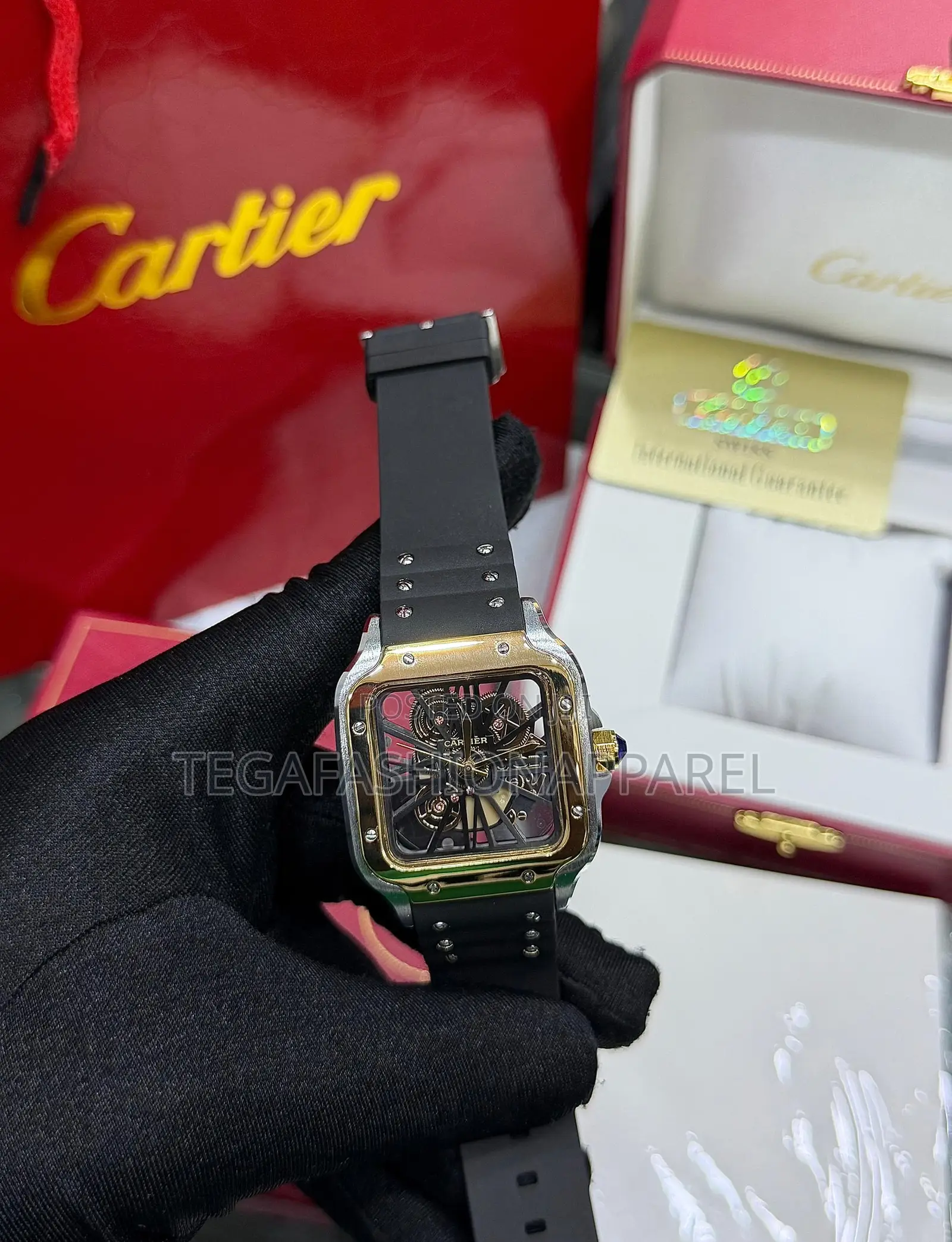 Skeleton Face Cartier Santos Rubber Strap Watch
