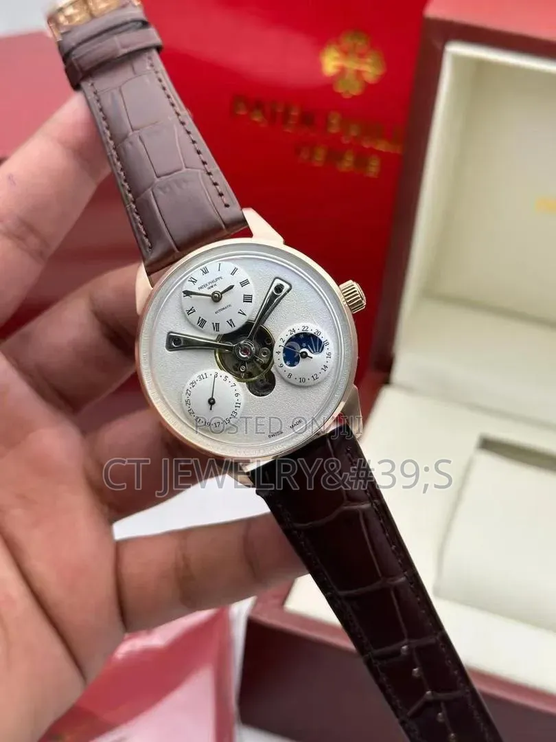 Patek Philippe Style Open Heart Watch Rose Gold Brown Leather Strap