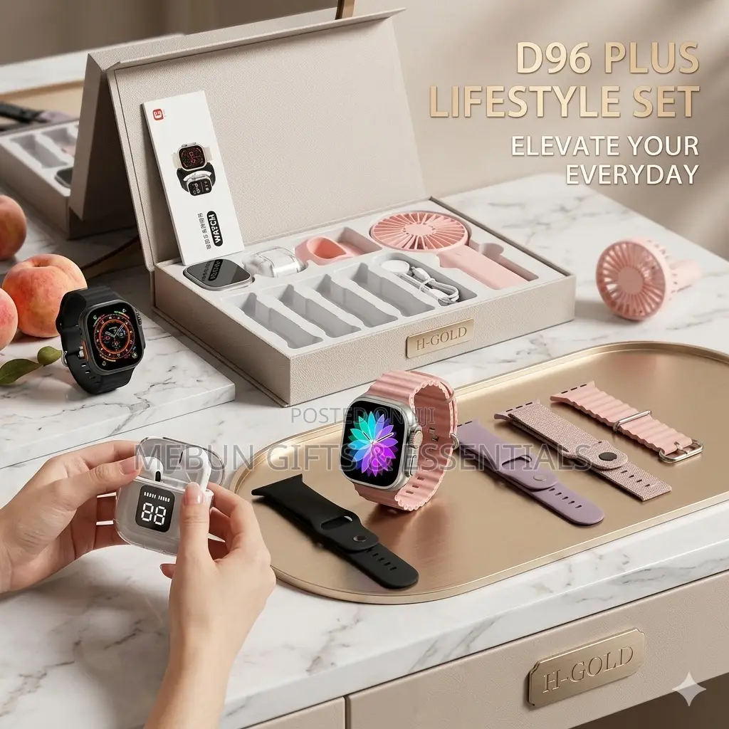 D96 Plus Smart Watch Set With Extra Straps, Earbuds and Handheld Fan