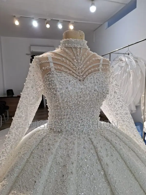 High Neck Pearl Beaded Wedding Dress With Cathedral Train - Style 564