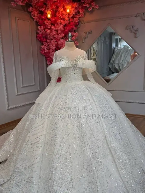 Wedding Dress With Beaded Bodice and Off-Shoulder Sleeves – Style 987