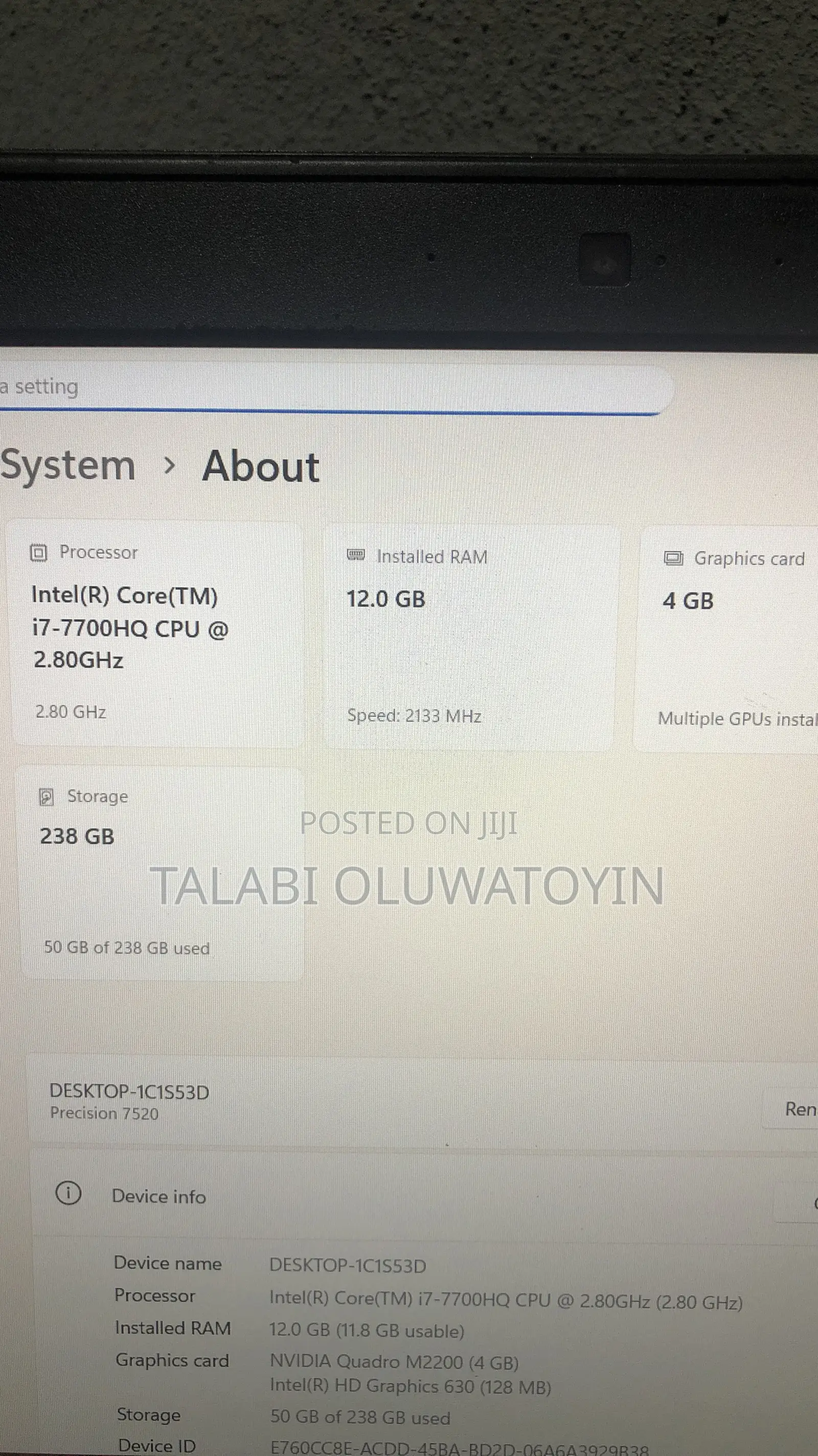 Laptop Dell Precision 7520 12GB Intel Core i7 SSD 256GB