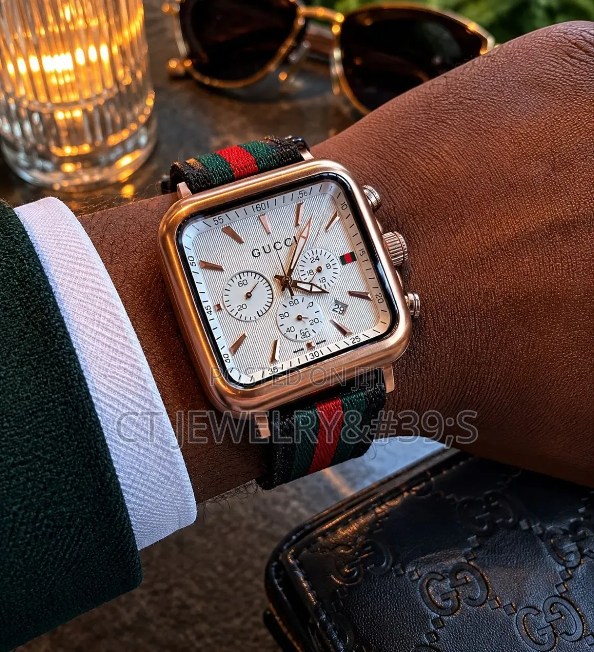 Luxury Gucci Watch Rose Gold Case Paired With Green and Red Striped