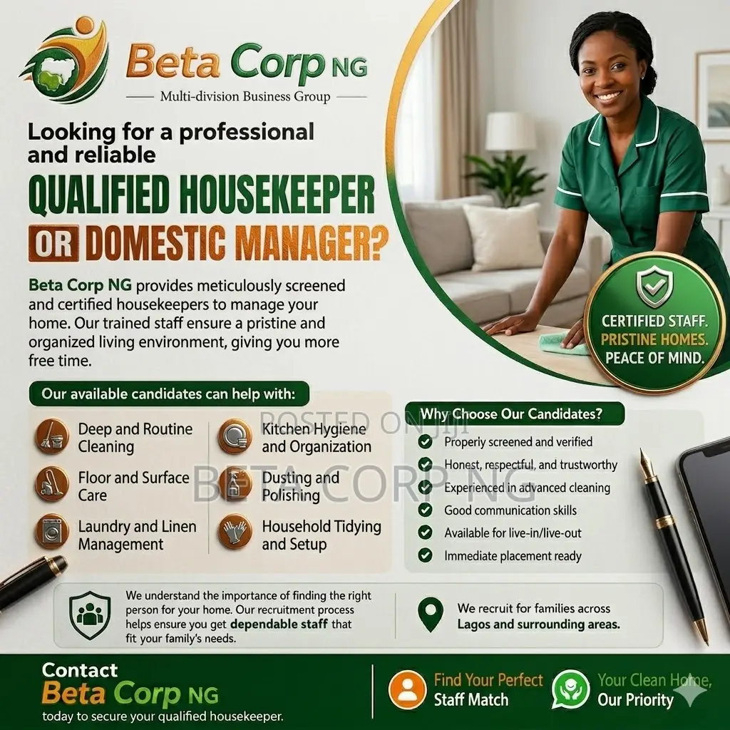 Qualified Housekeepers Ready for Immediate Deployment in Lagos