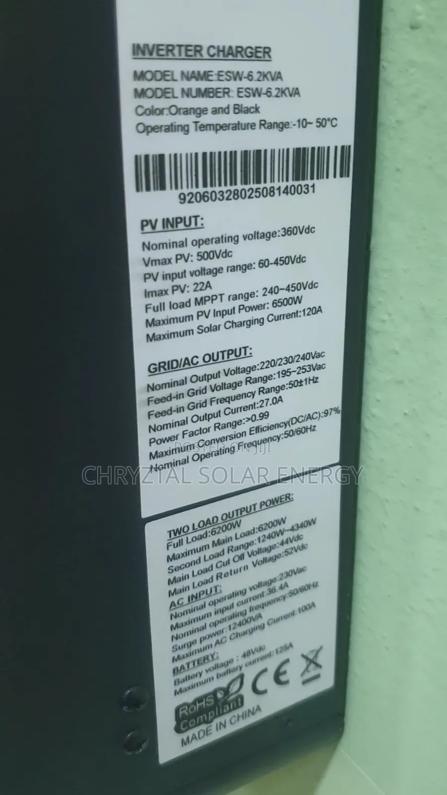 6.2kva JCNS Hybrid Inverter With Inbuilt MPPT Charge Controller