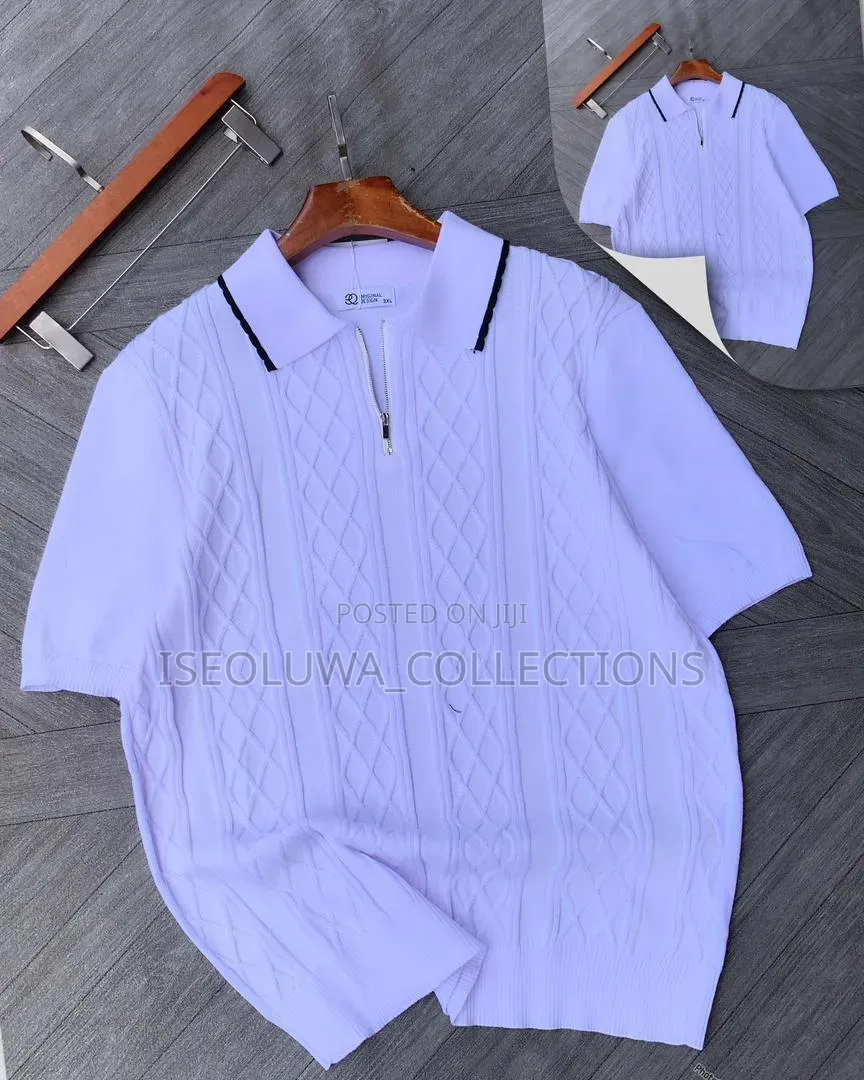 High-Quality Men’S Black White Striped Zip-Neck Knit Polo Shirt