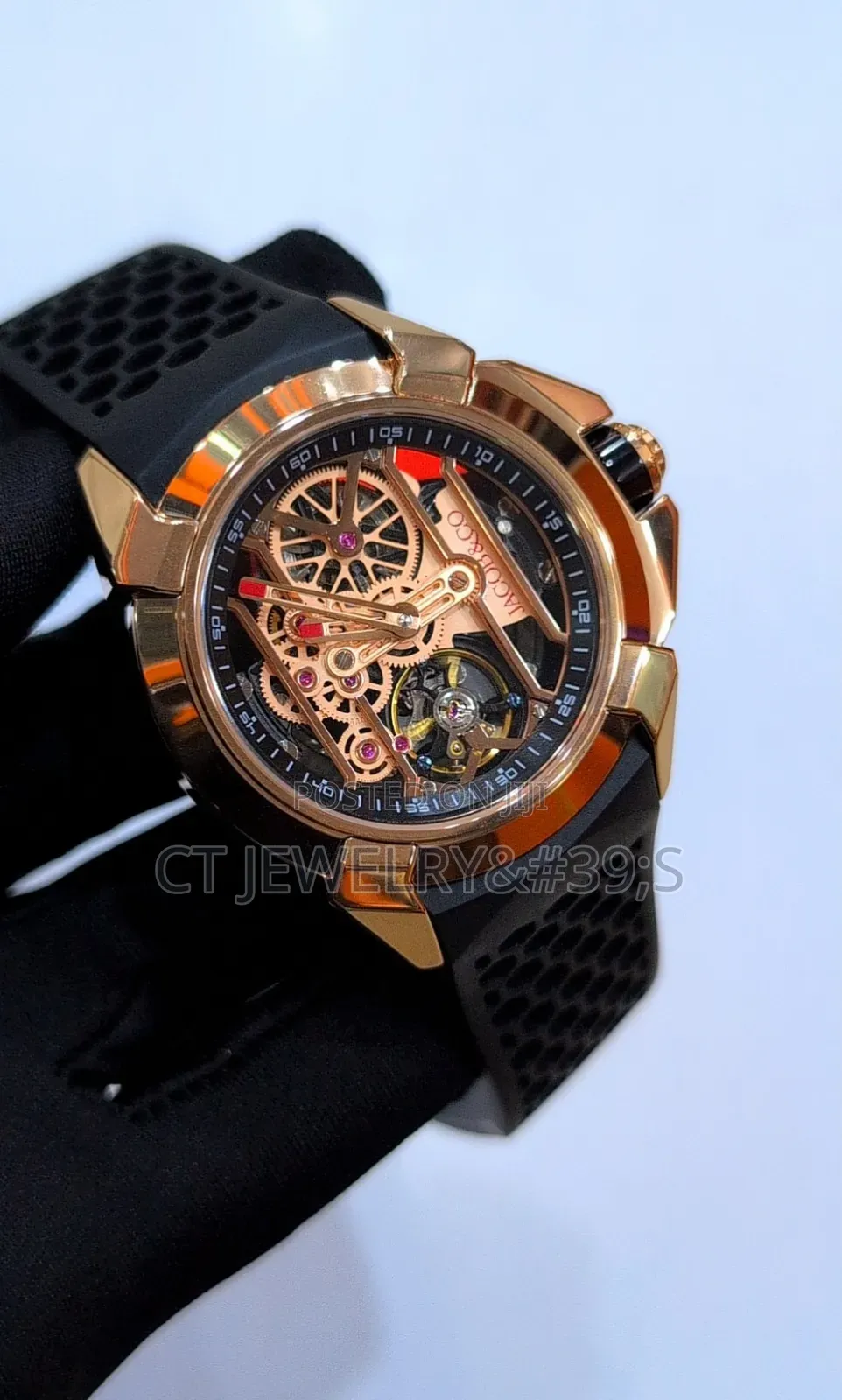 Jacob Co Epic X Skeleton With a Rose Gold Case/Black Rubber Strap