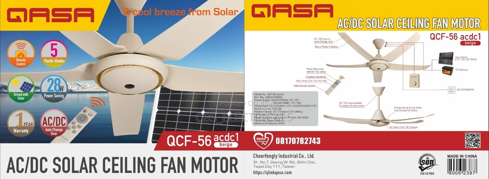 Qasa 56" Ac/Dc Solar Ceiling Fan