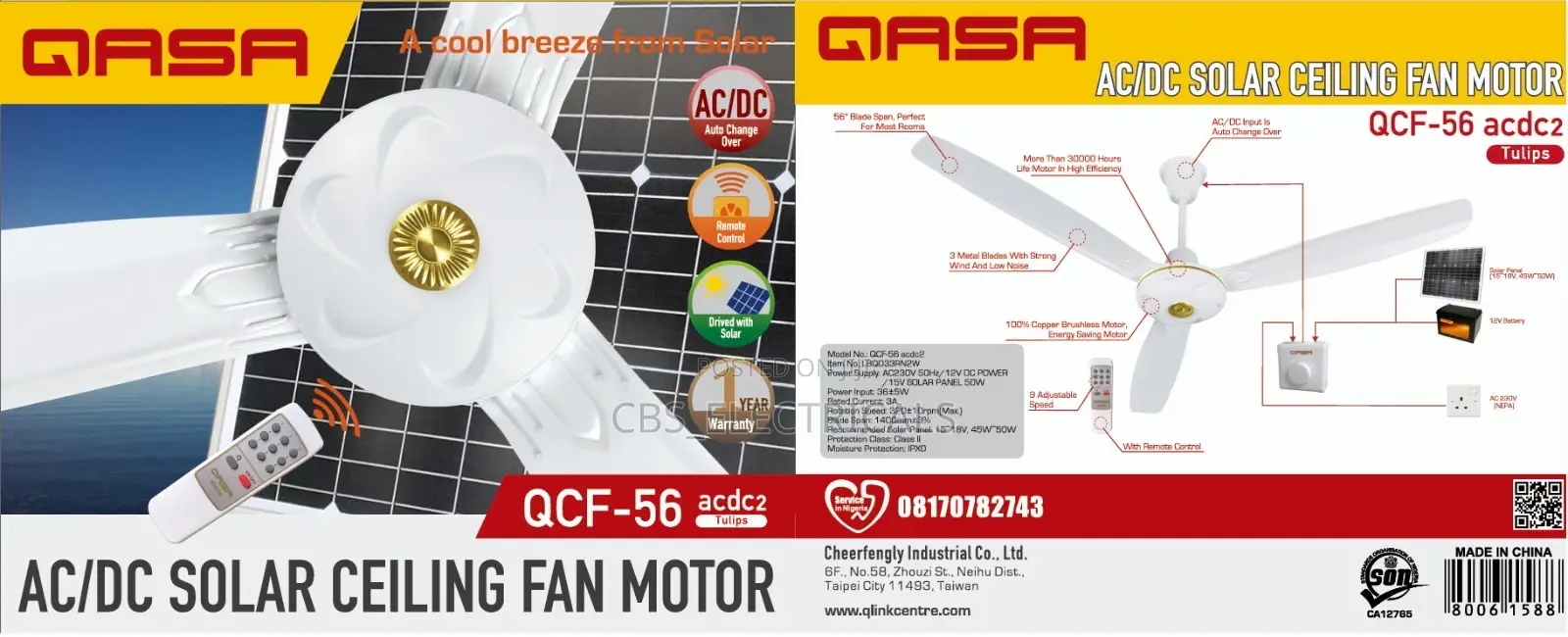 Qasa 56" Ac/Dc Solar Ceiling Fan
