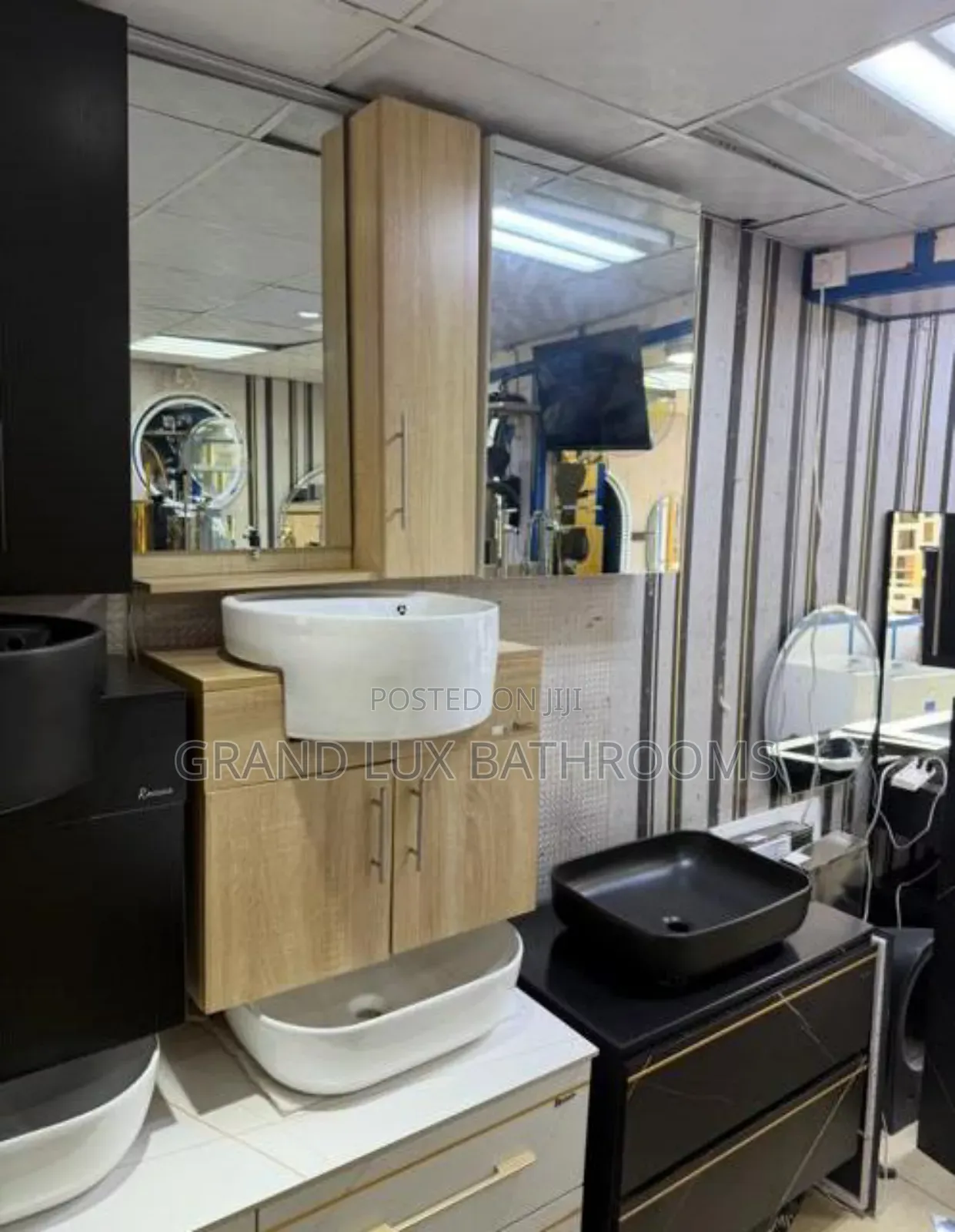 Wall-Mounted Oak Bathroom Vanity With Vessel Sink, Mirror Cabinet