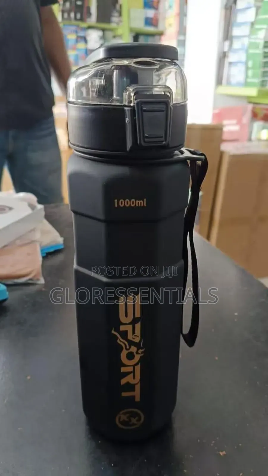 1000ml Black Sport Water Bottle With String