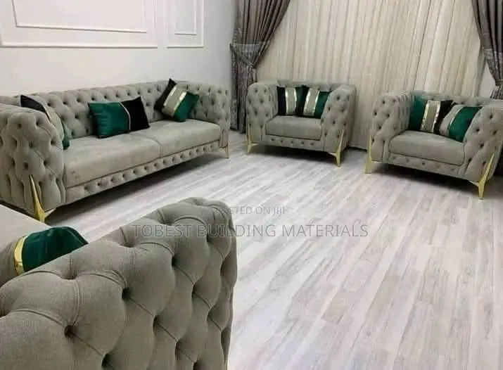 Luxury 7-Seater Light Grey Tufted Sofa Set With Gold Legs