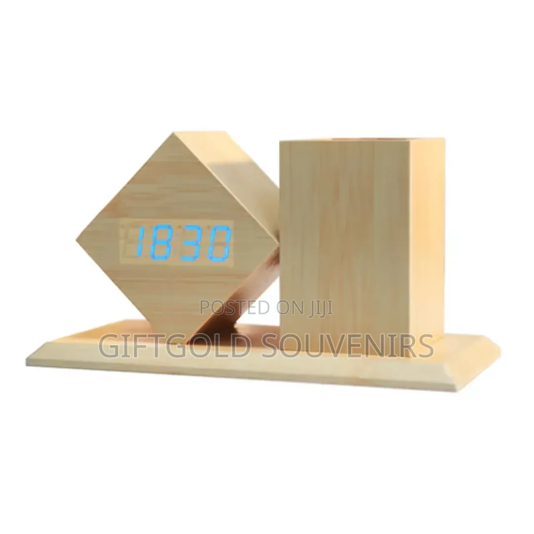 Office Wooden Deskpen Holder With Digital Led Clock
