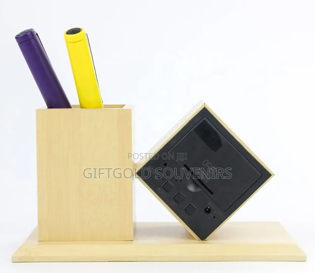 Office Wooden Deskpen Holder With Digital Led Clock