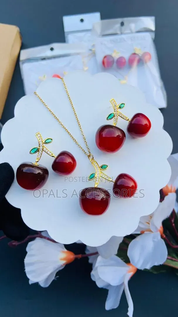 Vibrant Cherry Pendant Necklace Drop Earrings Stainless Steel Set