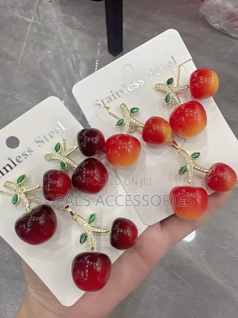 Vibrant Cherry Pendant Necklace Drop Earrings Stainless Steel Set