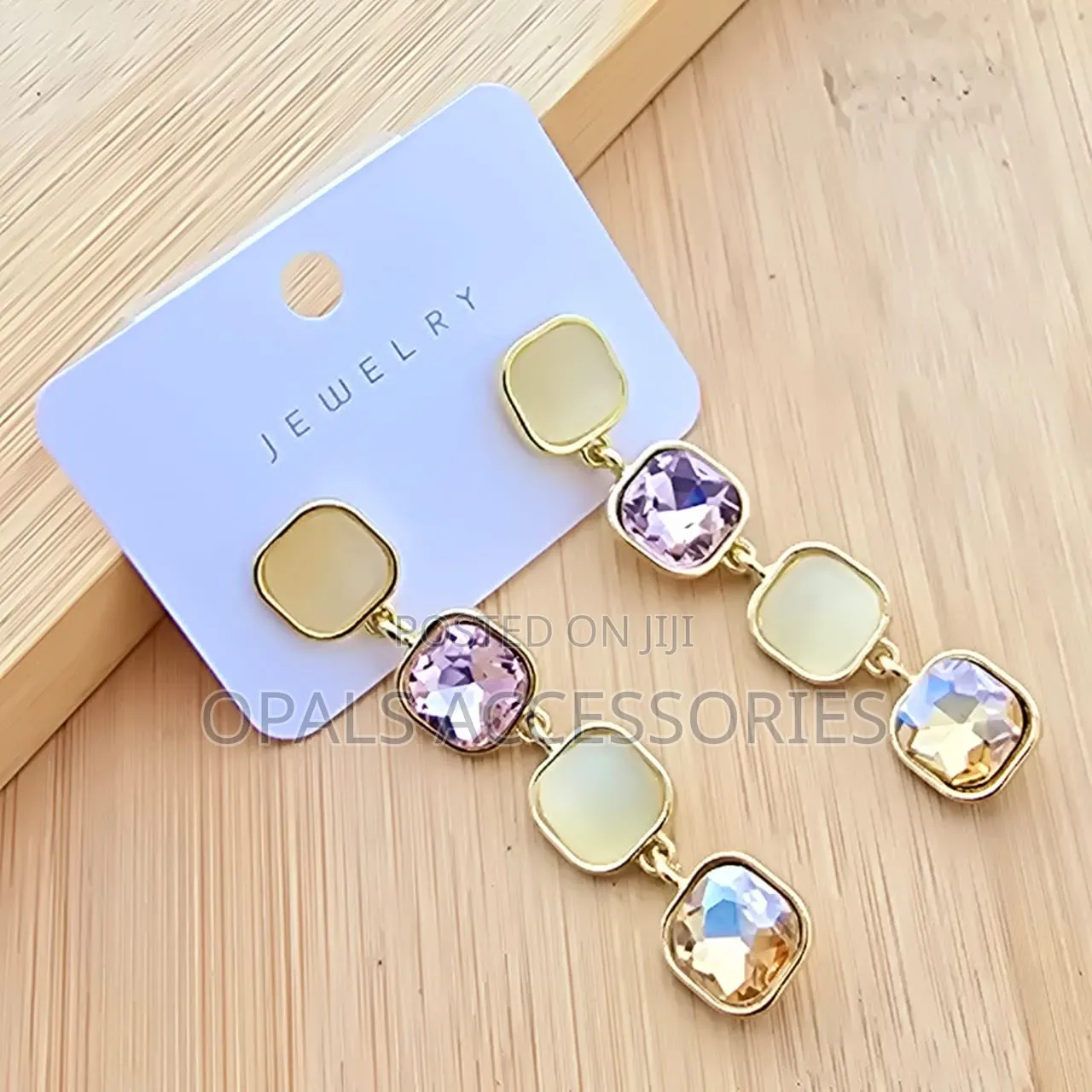 Elegant Four-Tier Square Crystal Cats-Eye Stone Drop Earrings
