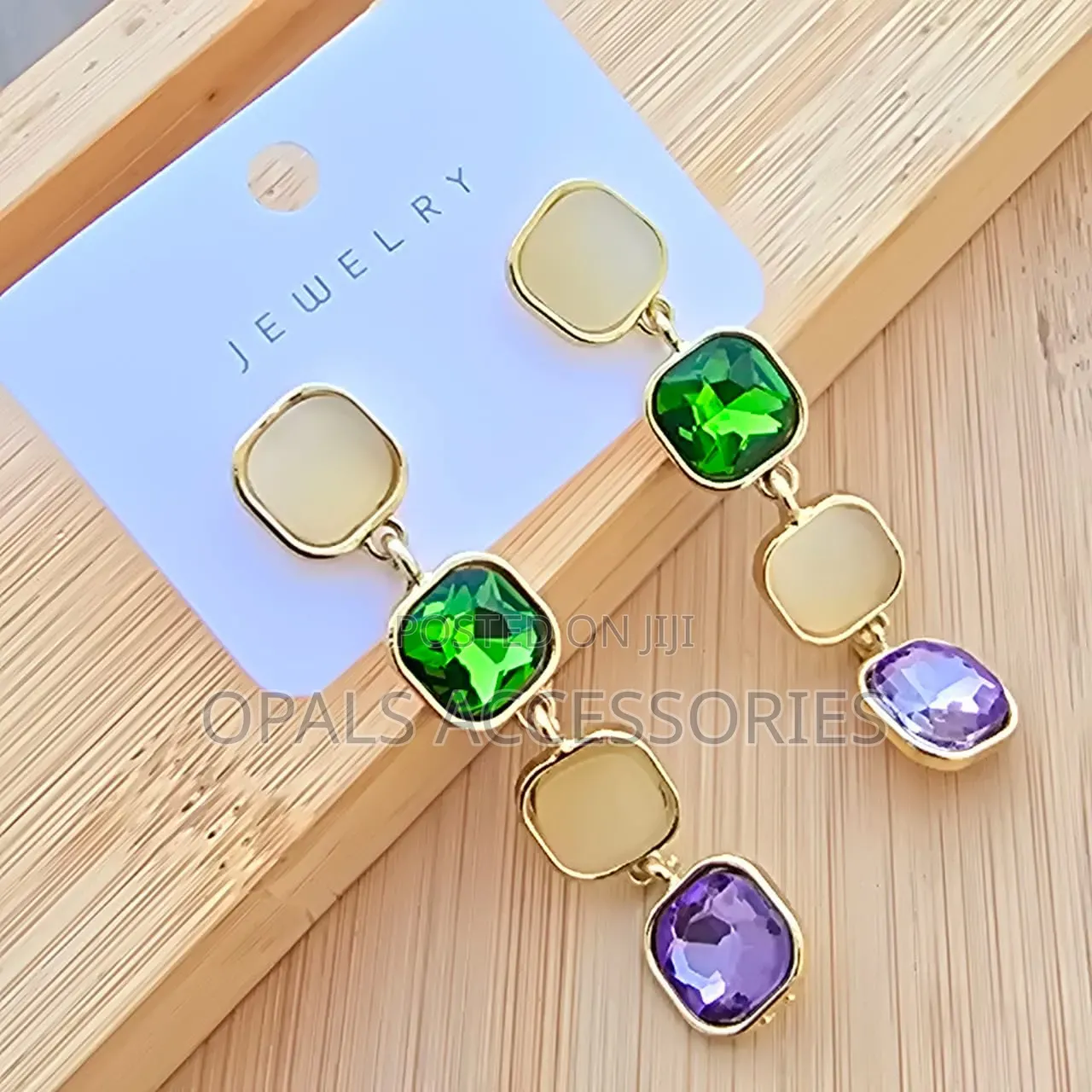 Elegant Four-Tier Square Crystal Cats-Eye Stone Drop Earrings