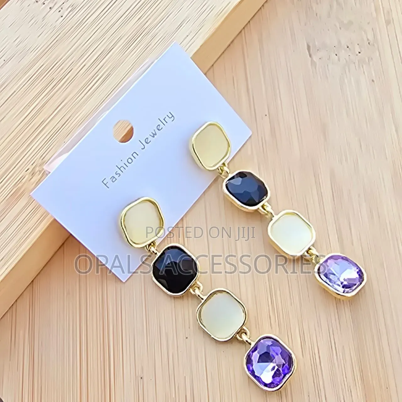 Elegant Four-Tier Square Crystal Cats-Eye Stone Drop Earrings