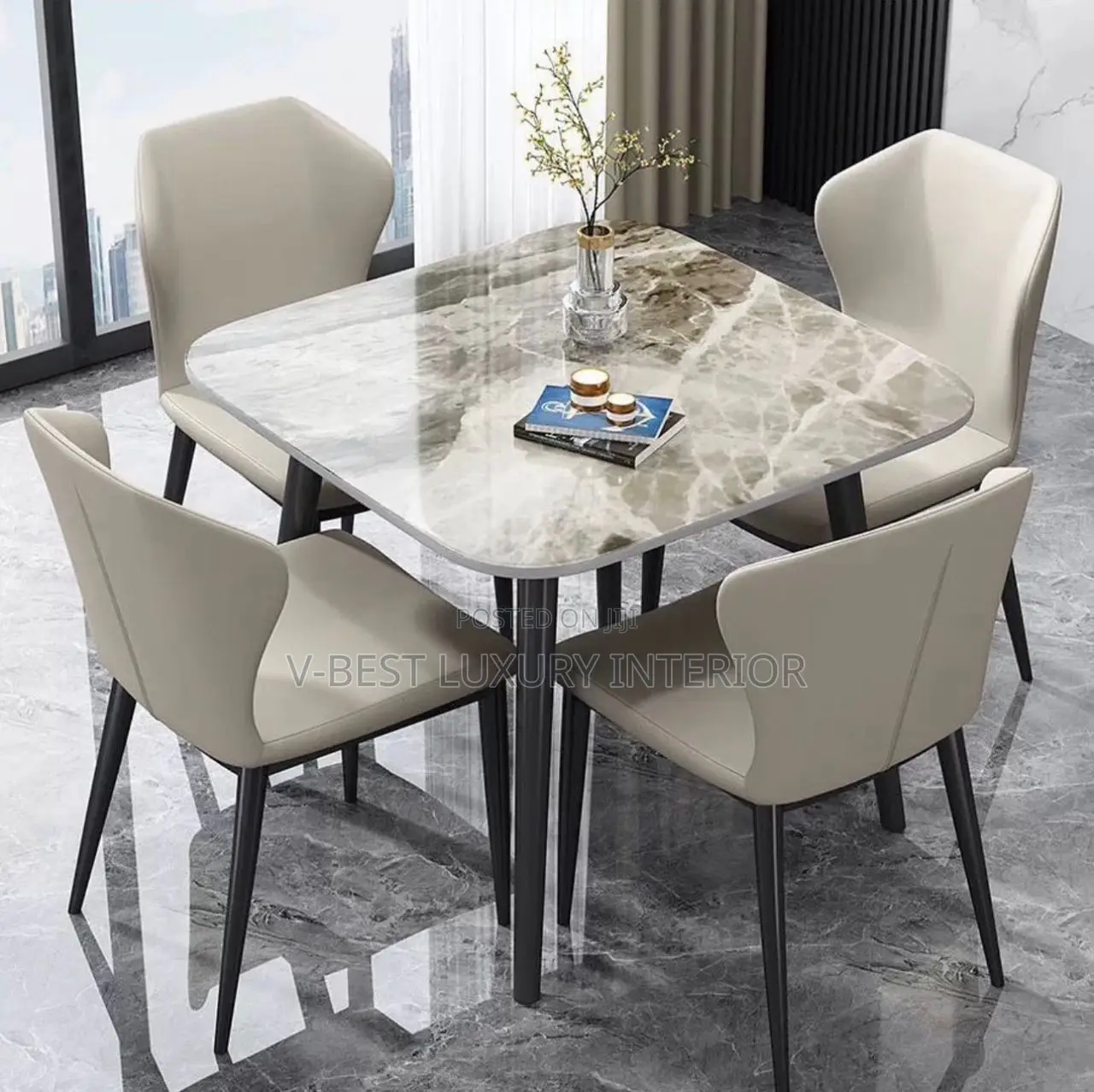 Modern Dining Set – Elegant 4-Seater Setup With Marble-Style Square