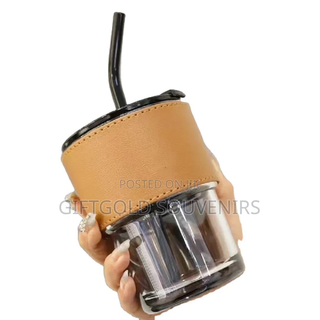 Leather Cover Coffee Cup With Straw