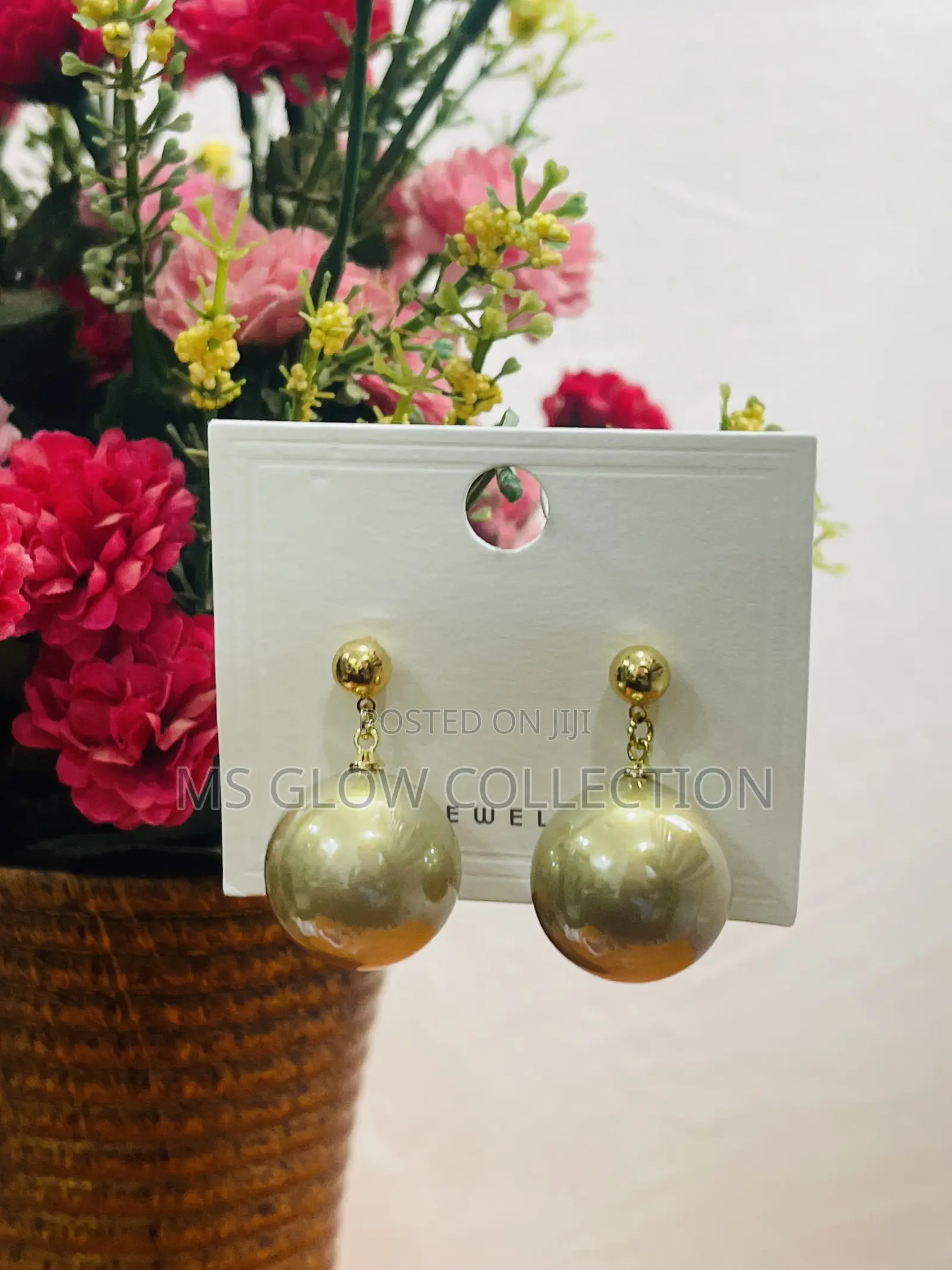 Ceramic Glossy Gold Spherical Ball Drop Earrings