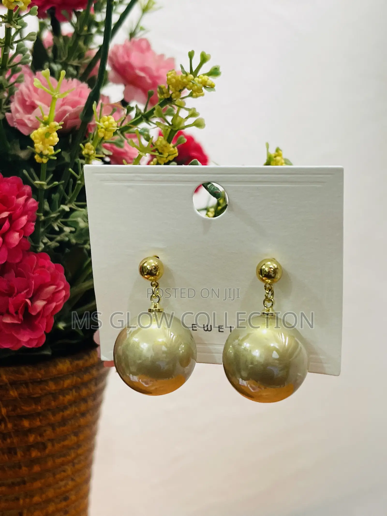 Ceramic Glossy Gold Spherical Ball Drop Earrings