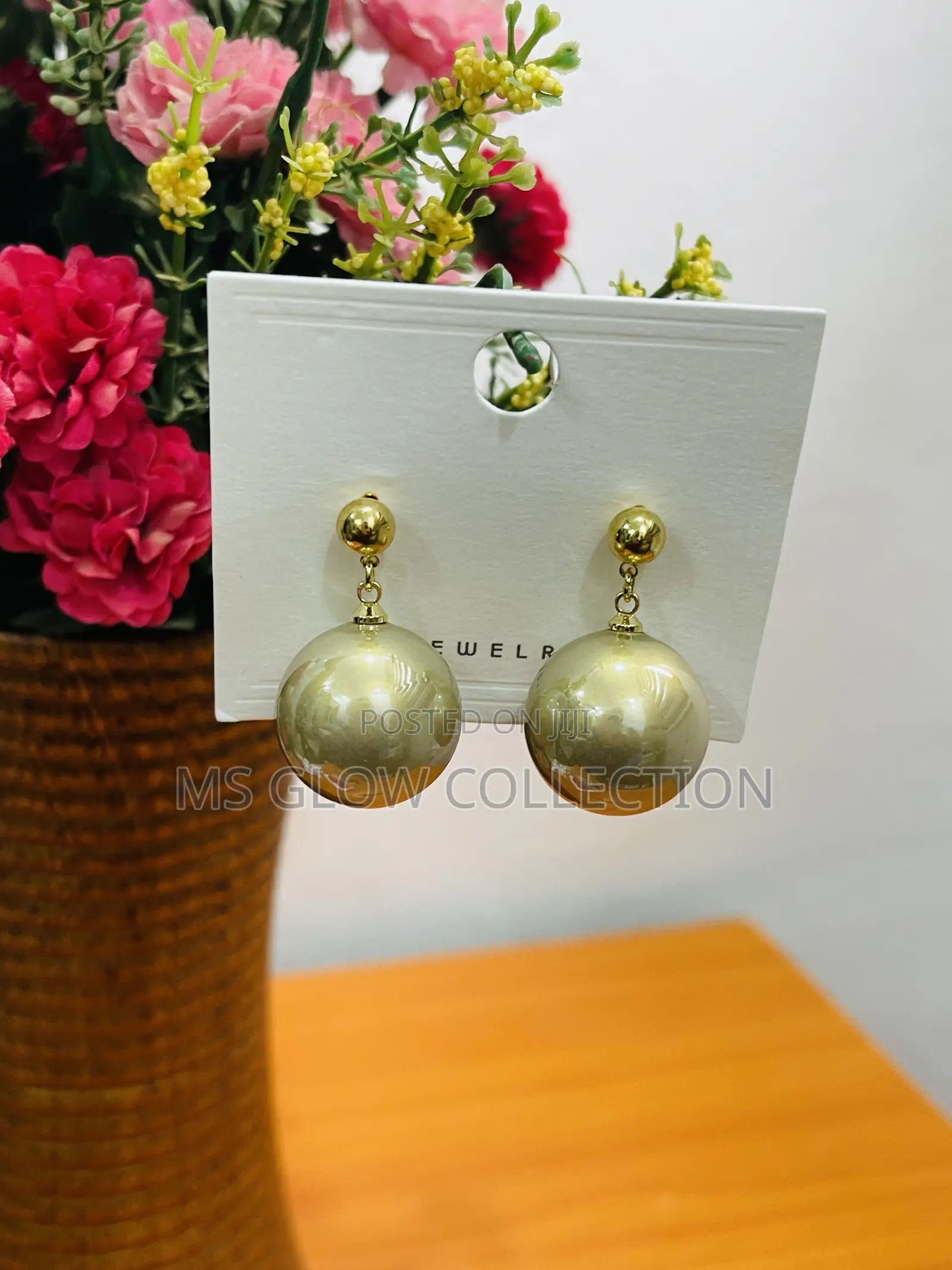 Ceramic Glossy Gold Spherical Ball Drop Earrings