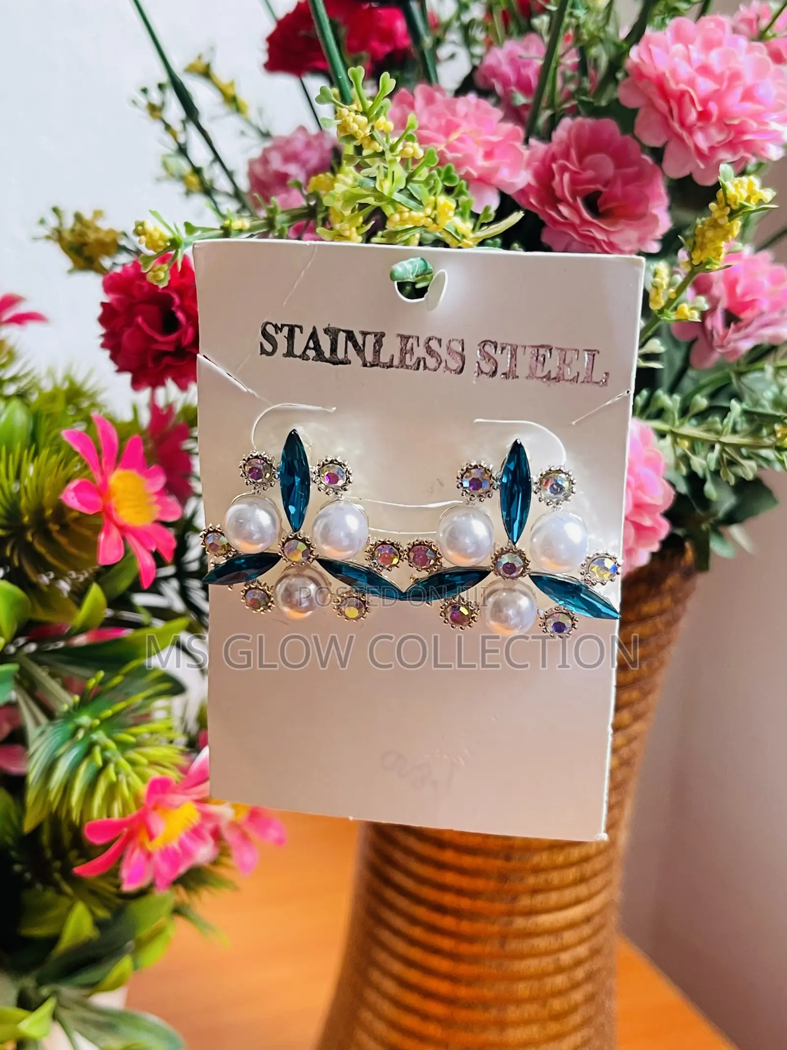 Stainless Steel Deep Blue Crystal and Pearl Cluster Statement Earrings