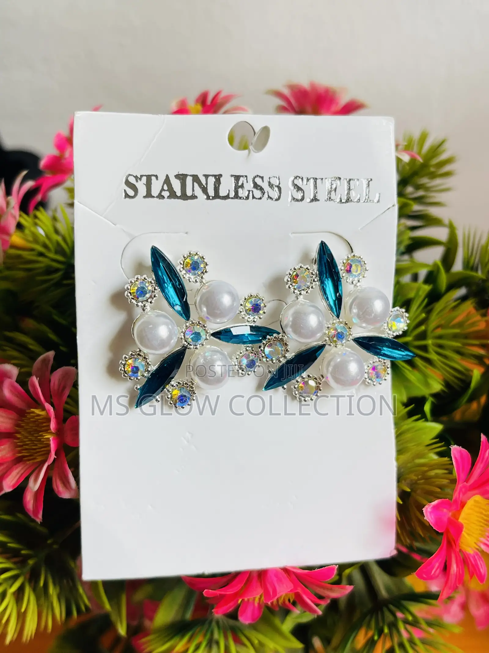 Stainless Steel Deep Blue Crystal and Pearl Cluster Statement Earrings