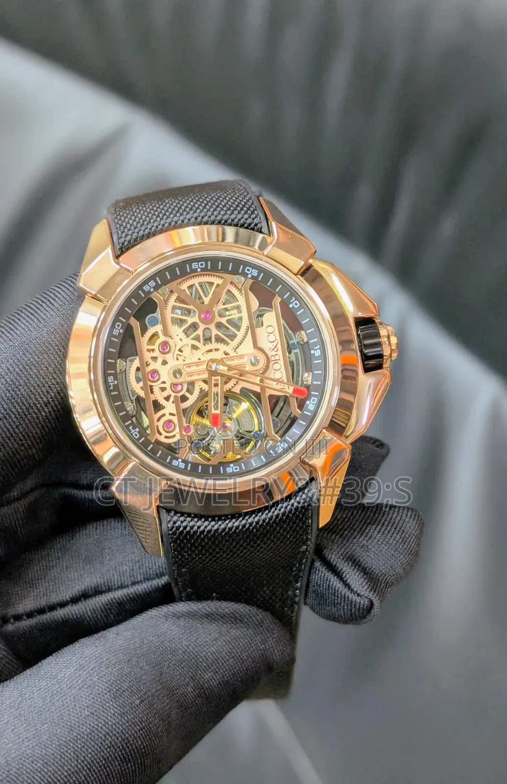Jacob Co Epic X Skeleton Watch a Rose Gold and a Black Rubber Strap