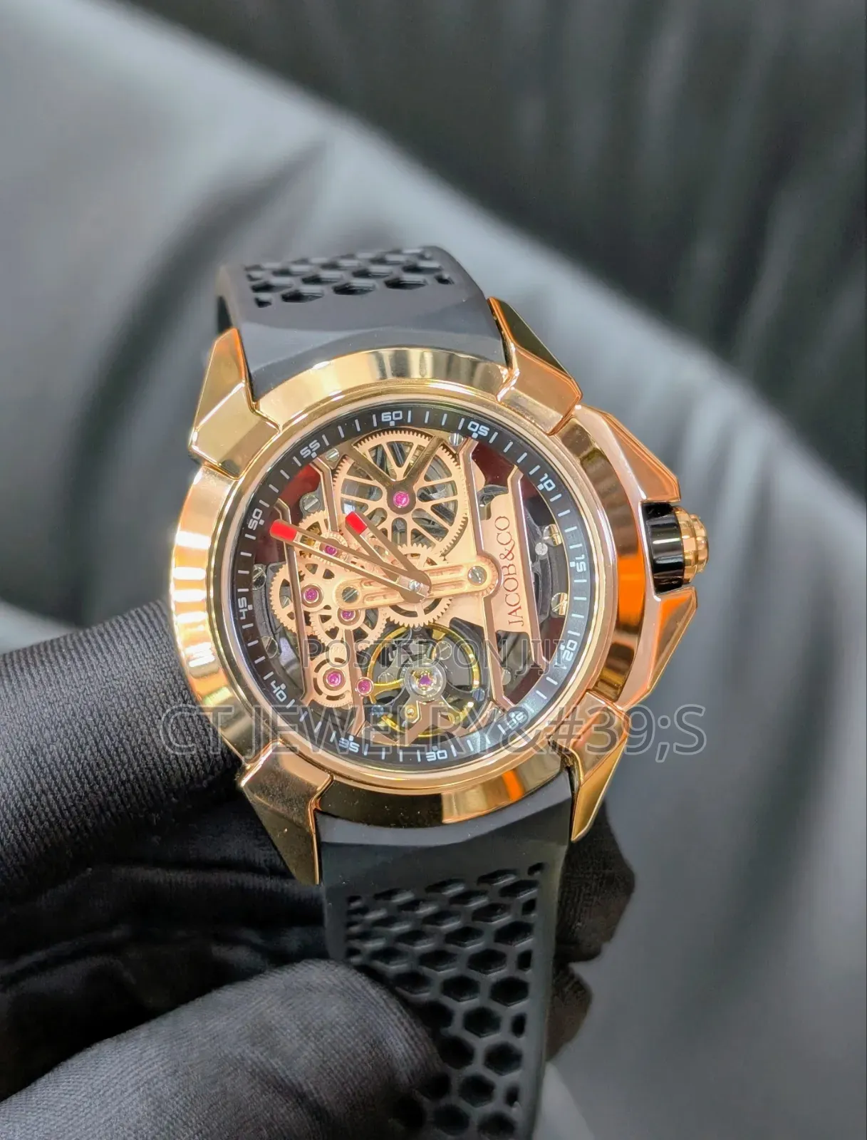 Jacob Co Epic X Skeleton Watch a Rose Gold and a Black Rubber Strap