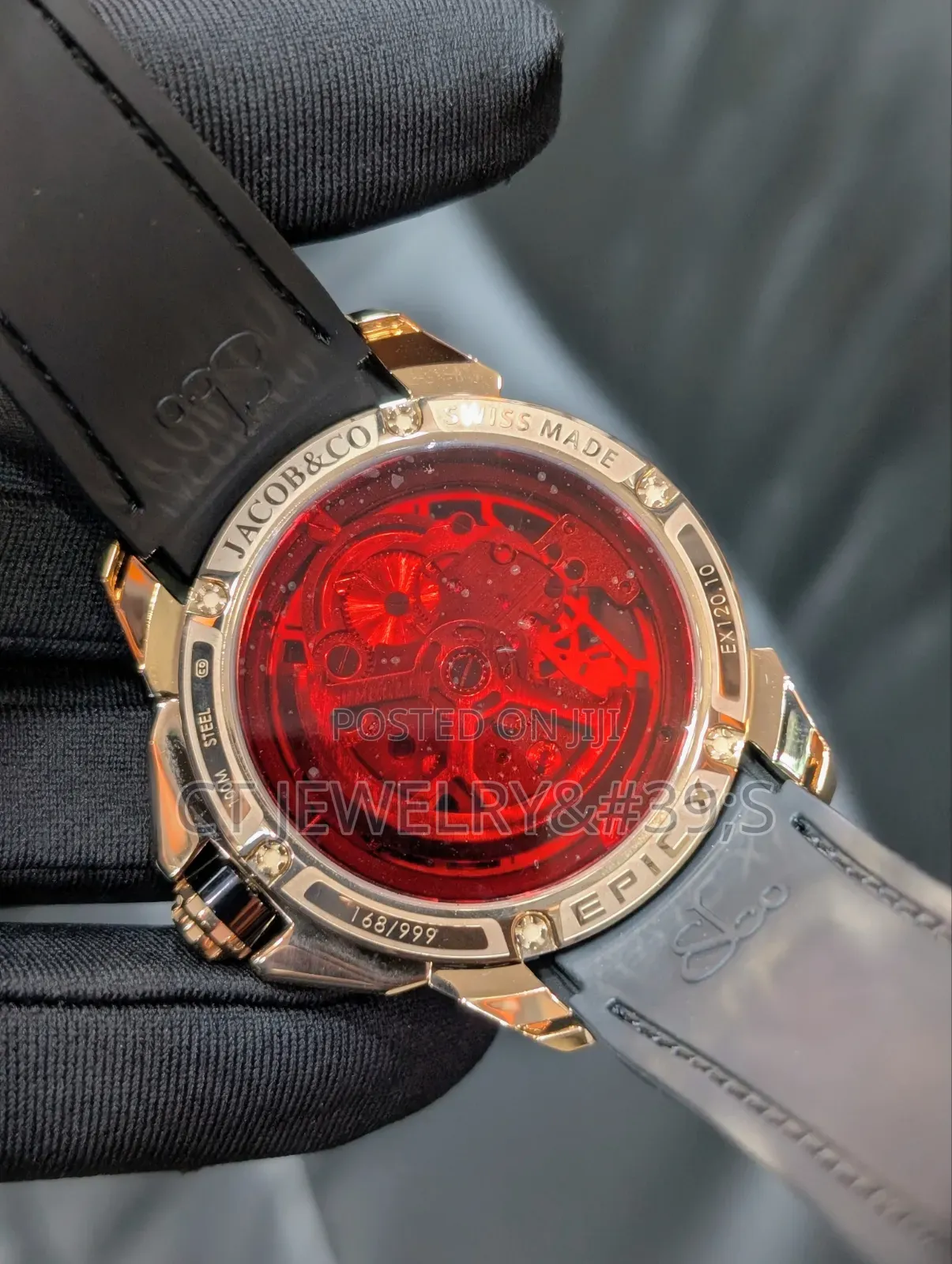 Jacob Co Epic X Skeleton Watch a Rose Gold and a Black Rubber Strap