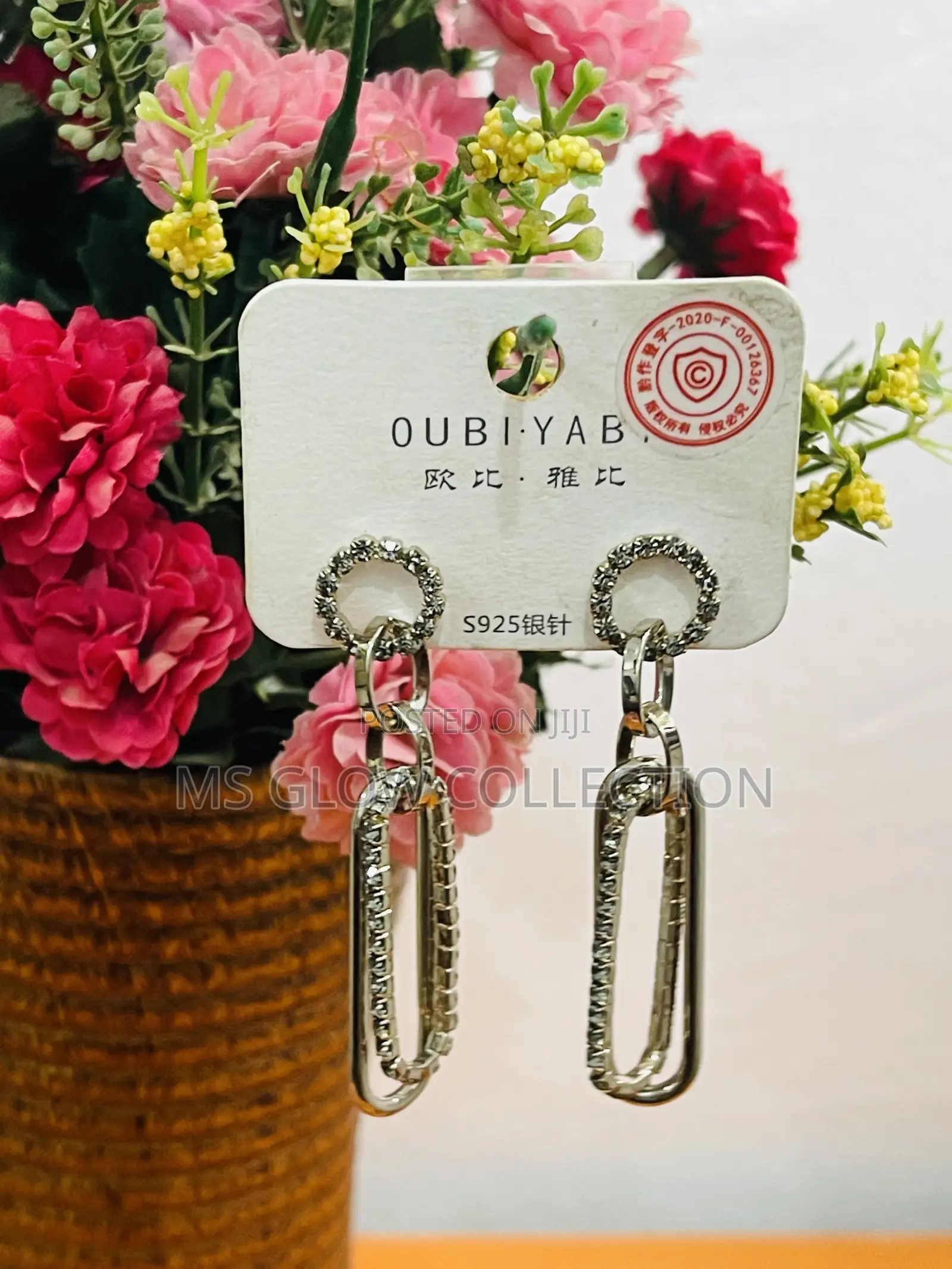 Oubiyabi S925 Silver Crystal Interlocking Link Statement Earrings