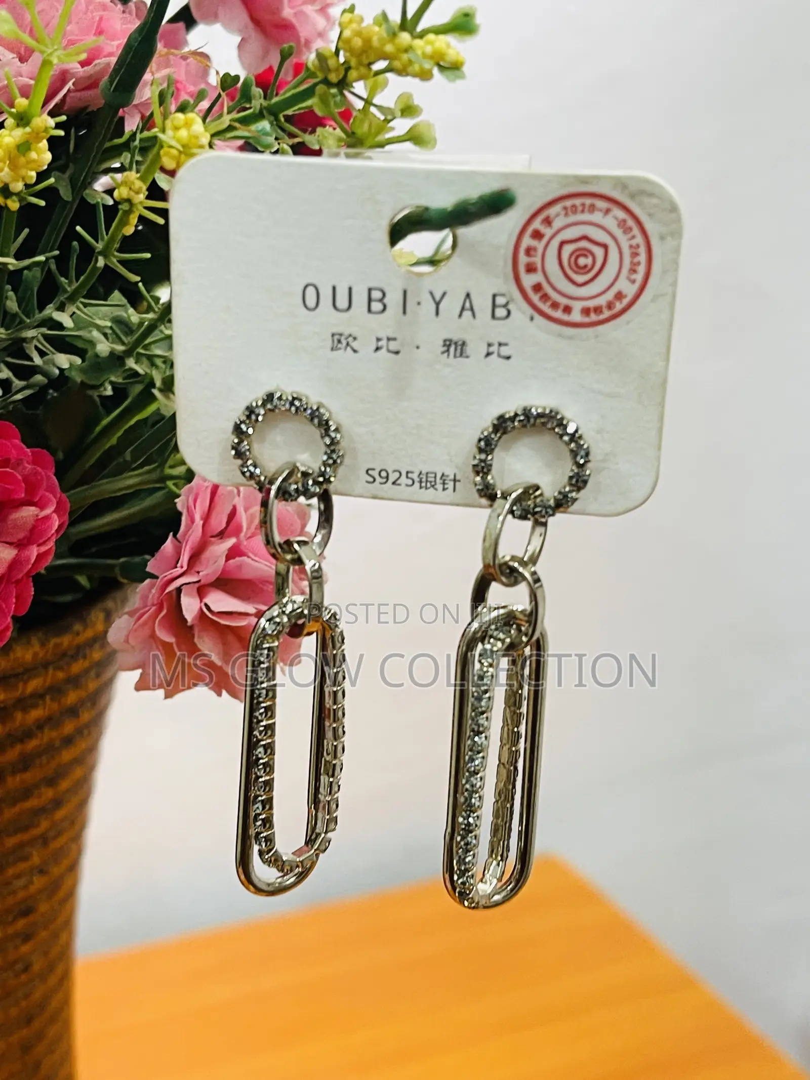 Oubiyabi S925 Silver Crystal Interlocking Link Statement Earrings
