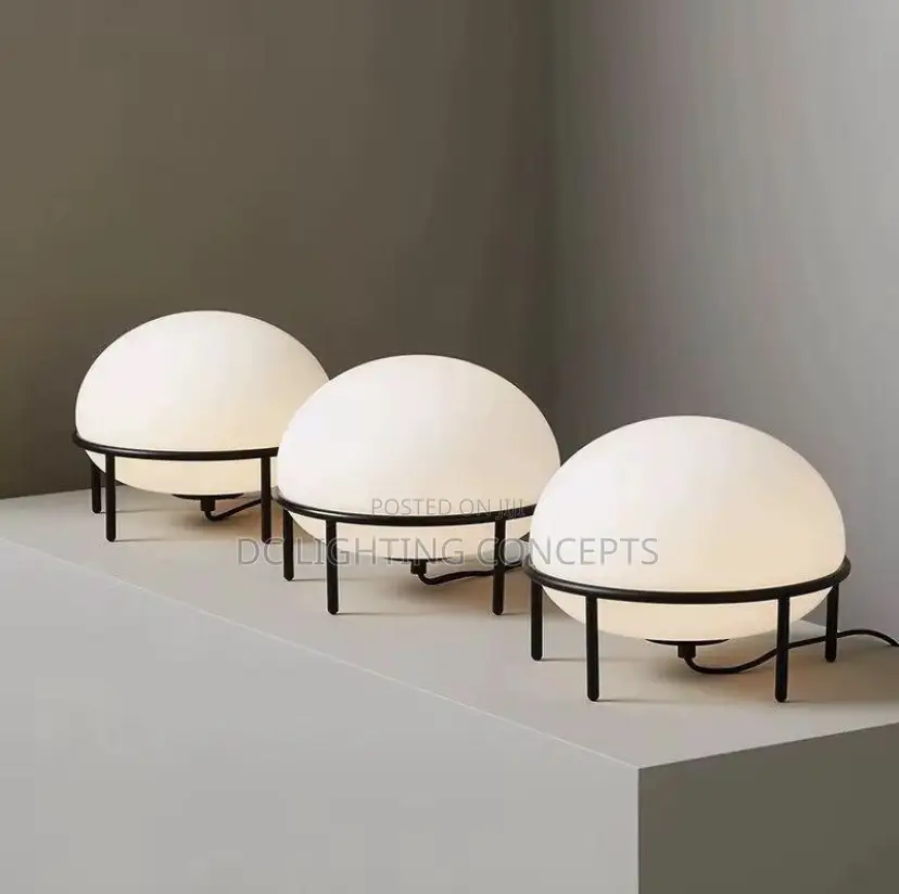 Elegant White Frosted Glass Half Sphere Table Lamp Metal Cozy Stand