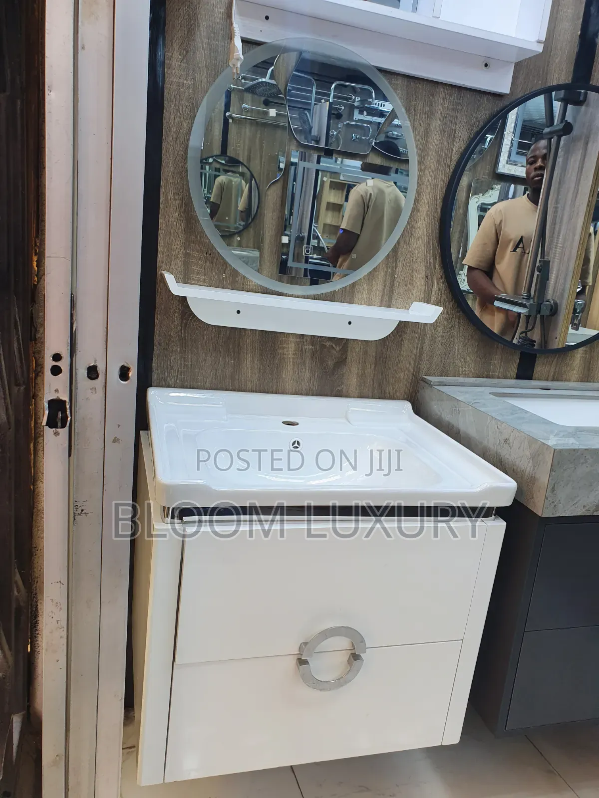 White Wash Hand Basin Cabinet + Led Mirror