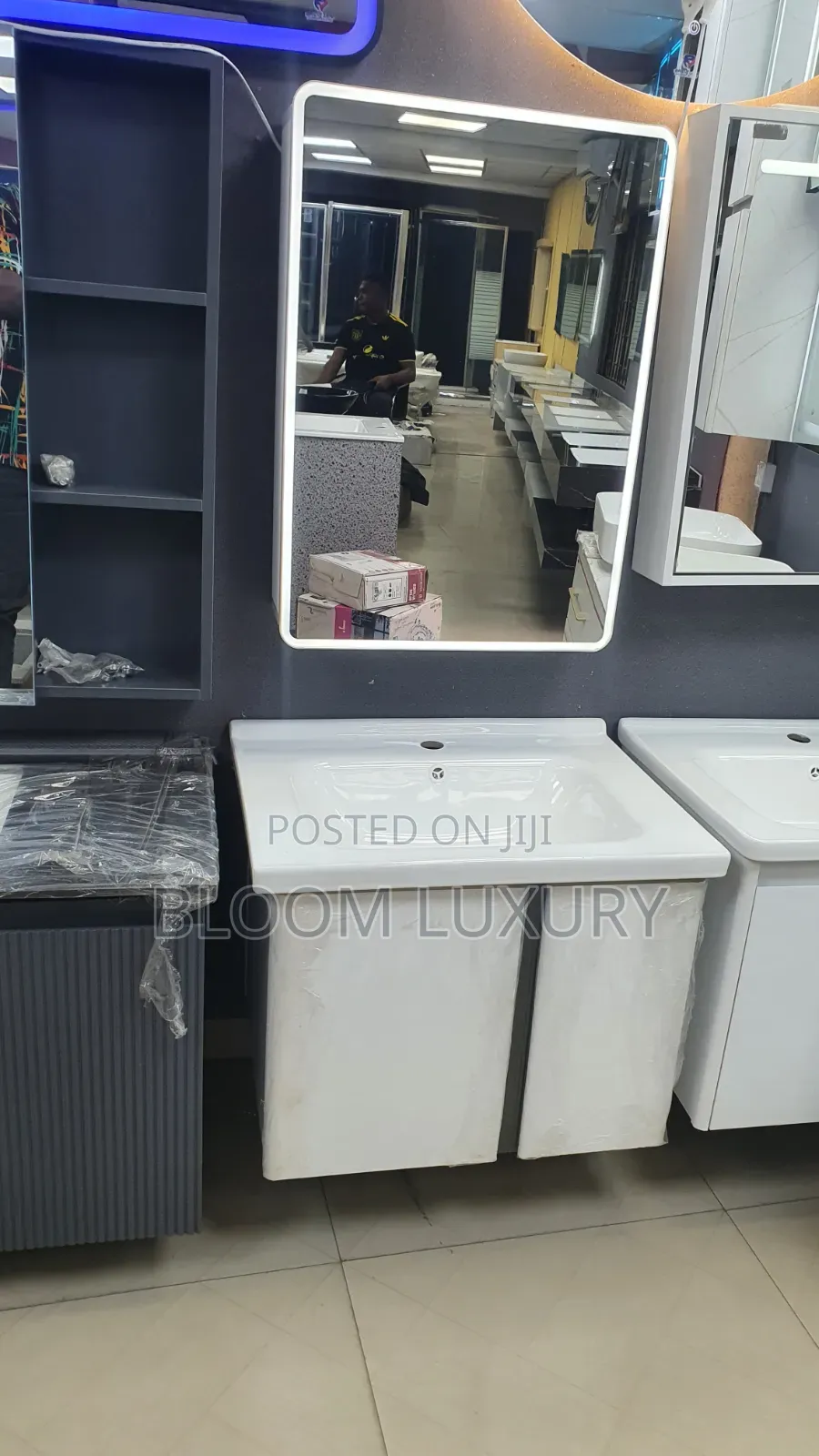 White Wash Hand Basin Cabinet + Led Mirror