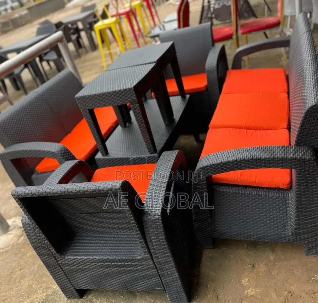 Sets of Rattan Chairs, Table and Side Stools