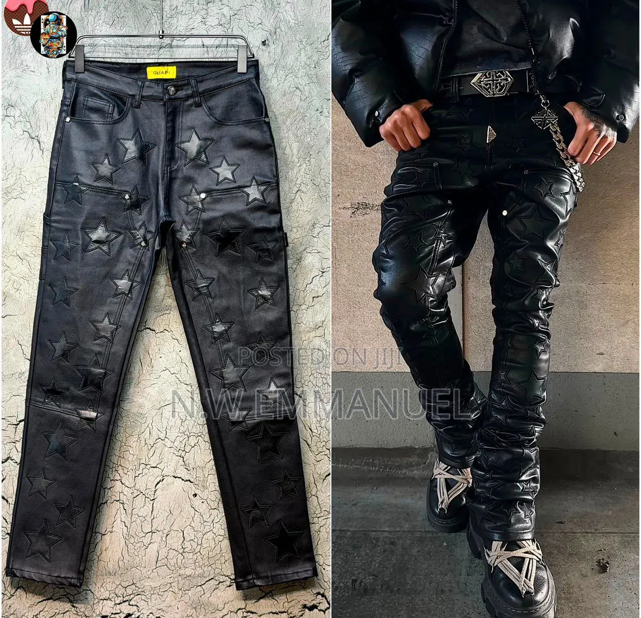 Luxury Black Star Design Leather Pants for Men – Slim Fit