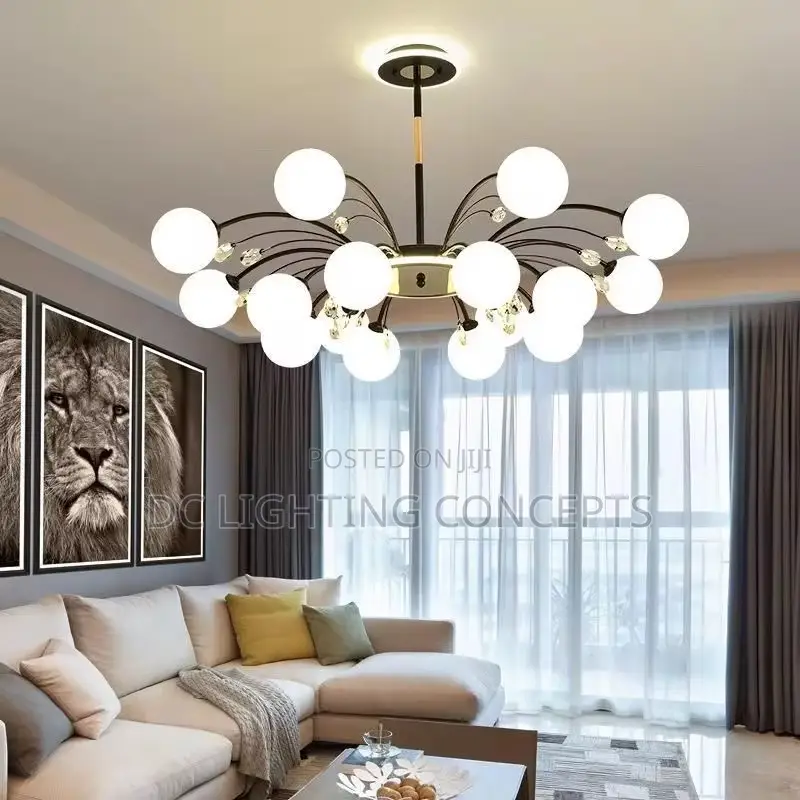Modern Black/Gold Body 12 Hands Glass Ball Led Pendant Light.