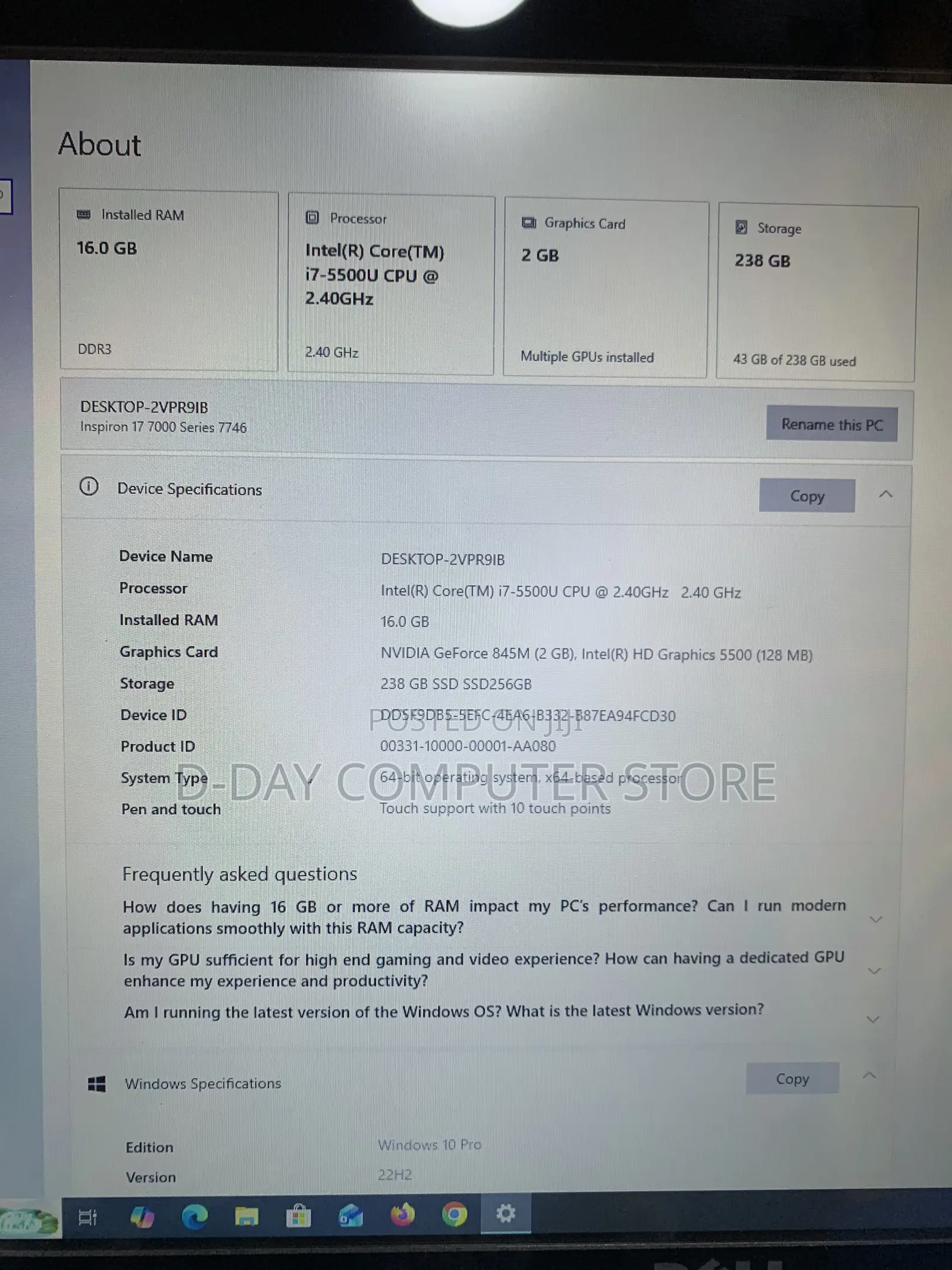 Laptop Dell Inspiron 17 7746 16GB Intel Core i7 SSD 256GB